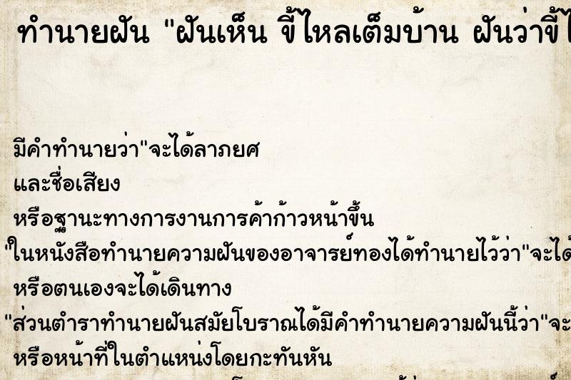 ทำนายฝันทำนายฝันฝันเห็นขี้ไหลเต็มบ้านฝันว่าขี้ไหลเต็มบ้าน